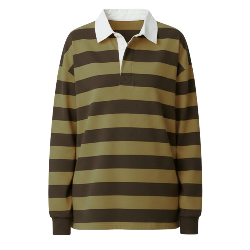 Womens Rugby long sleeve shirt Front view (3) Women’s long-sleeve striped polo shirt in olive, tan, and dark brown with a white collar and button placket.