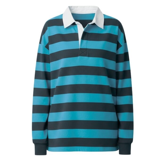 Women’s long-sleeve striped polo shirt in blue and black with a white collar and placket.