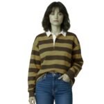 Women’s long-sleeve striped polo shirt with a white collar and blue jeans.