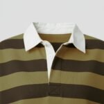 Close-up of a women’s long-sleeve striped polo shirt with a white collar and button placket.