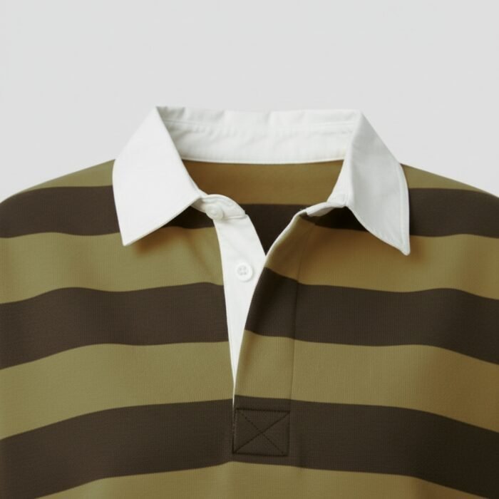 Close-up of a women’s long-sleeve striped polo shirt with a white collar and button placket.