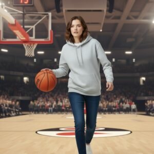 Women’s basketball hoodie on a female model standing in front of a basketball‑themed background, showcasing a relaxed athletic fit.
