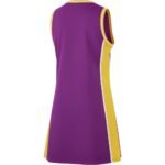 Back view of a sleeveless purple athletic dress with central yellow stripe, lateral yellow-and-white striped panels, and yellow binding on neckline and armholes.