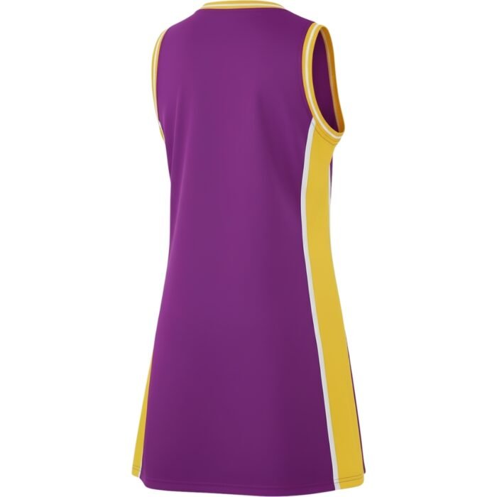 Back view of a sleeveless purple athletic dress with central yellow stripe, lateral yellow-and-white striped panels, and yellow binding on neckline and armholes.