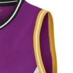 Purple athletic jersey with black, white, and yellow striped trim on collar and sleeve openings; smooth lightweight performance fabric