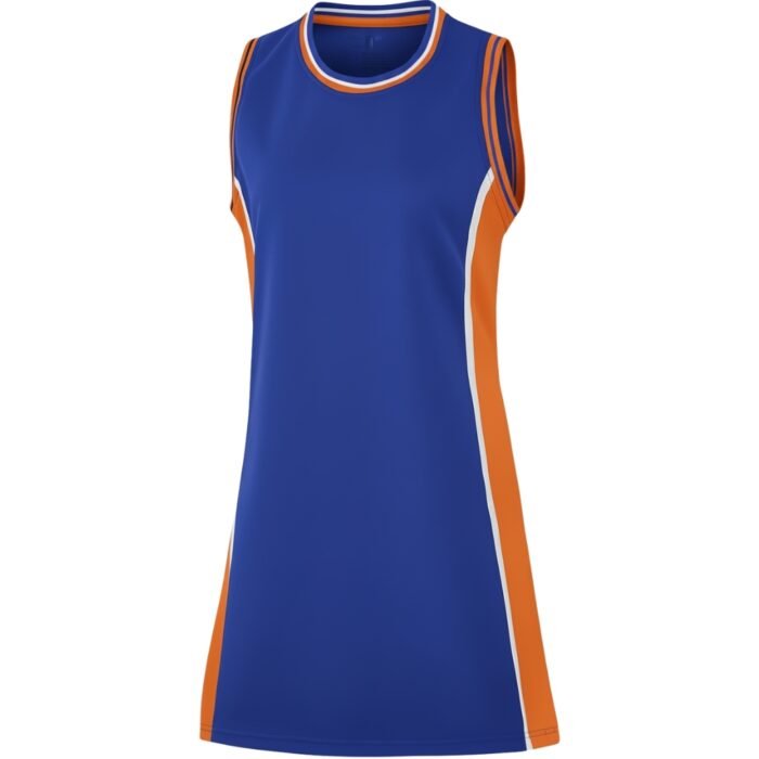 Royal blue sleeveless netball dress with bright orange side panels separated by a white stripe, round neckline, and orange-and-white binding trim.