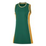 Green sleeveless athletic basketball dress with white-and-yellow striped trim at the neckline and side panels on a white background