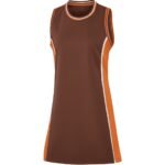 Sleeveless athletic dress: brown center panel with orange side panels outlined in white; white-and-orange round neck binding.