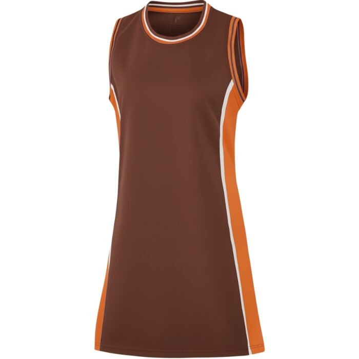 Sleeveless athletic dress: brown center panel with orange side panels outlined in white; white-and-orange round neck binding.