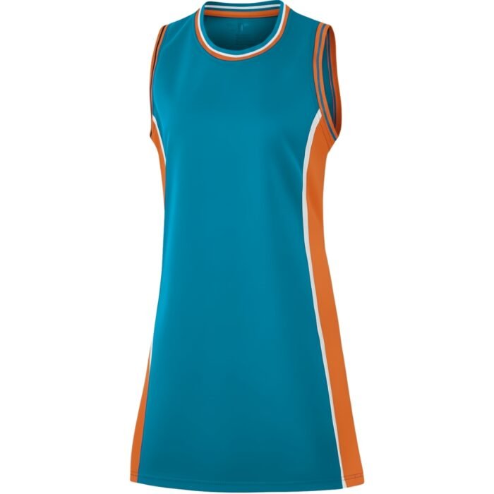 Sleeveless netball dress with teal center panel, orange side panels separated by a thin white stripe, and rounded neckline with orange-and-white binding.