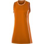 Sleeveless orange netball dress with vertical white and dark orange side stripes and matching striped neckline binding.