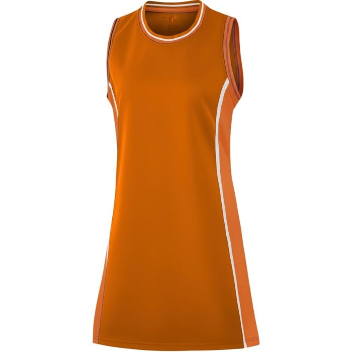 Sleeveless orange netball dress with vertical white and dark orange side stripes and matching striped neckline binding.