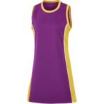 Purple netball dress with high-contrast yellow-and-white side and neckline binding