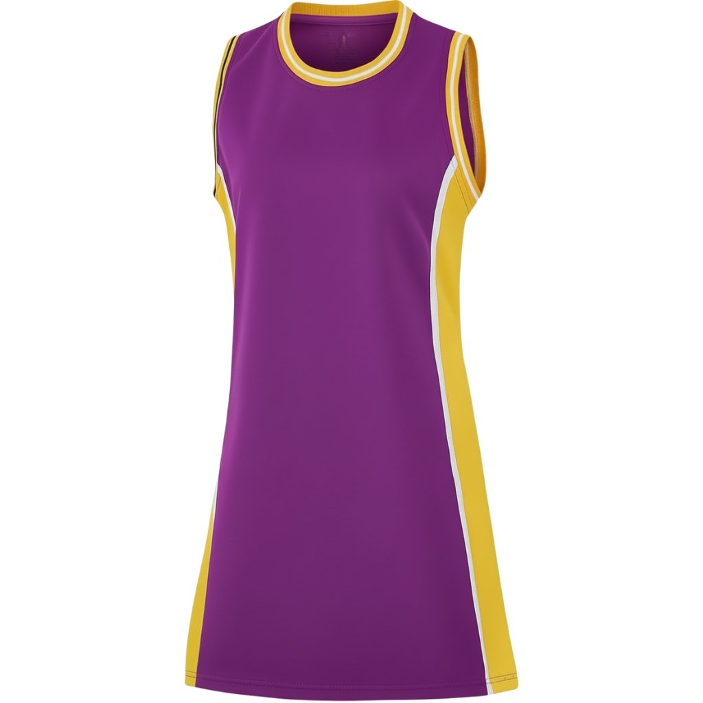 Womens basketball jersey dress front view (5) Purple netball dress with high-contrast yellow-and-white side and neckline binding