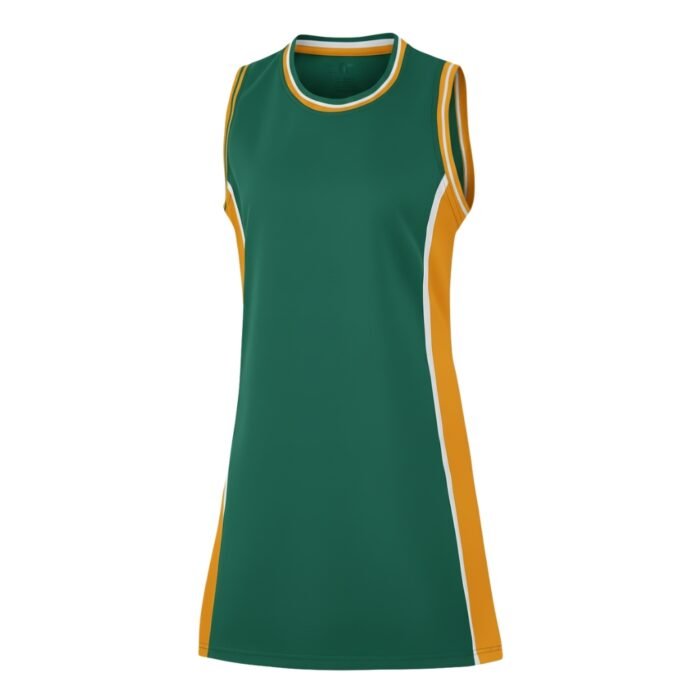 Green sleeveless athletic basketball dress with white-and-yellow striped trim at the neckline and side panels on a white background