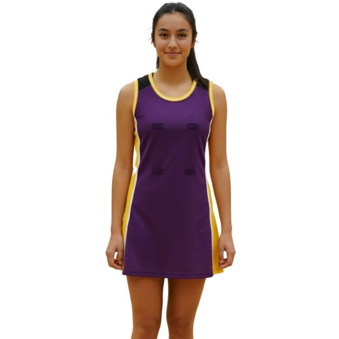 Purple athletic mini dress with yellow trim and pocket detail