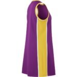 Purple sleeveless dress with centered yellow stripe bordered by white stripes, and yellow-and-white trim at neckline and armholes