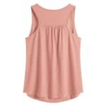 Dusty rose-pink athletic tank top with a wide scoop neckline and ruched back hem detail