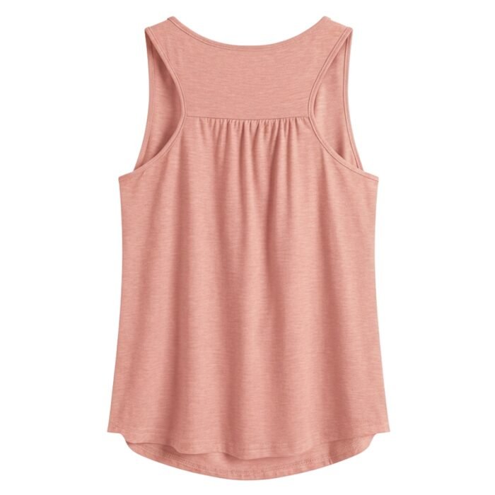 Dusty rose-pink athletic tank top with a wide scoop neckline and ruched back hem detail