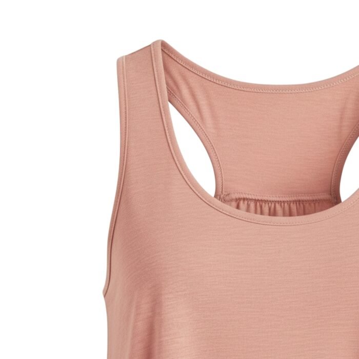 Close-up of a pink athletic sports bra with a scoop neckline and racerback straps