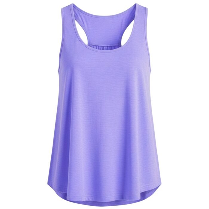 Lavender sleeveless athletic tank top with racerback-style cutout neckline and swing hem