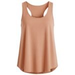 Tan sleeveless athletic tank top with a racerback-style neckline and flowy swing hem
