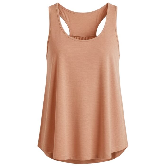 Tan sleeveless athletic tank top with a racerback-style neckline and flowy swing hem