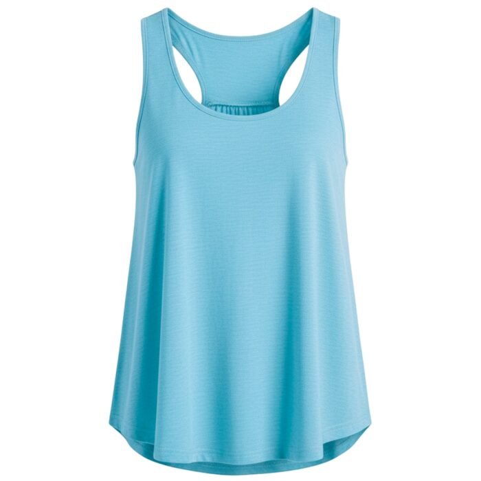Light blue athletic tank top with a racerback-style neckline and sleeveless swing hem