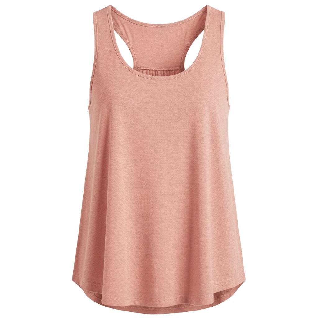 Womens basketball tank tops front view Peach racerback tank top with rounded neckline and gently curved hem, worn flat on white background.