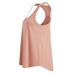 Rose-pink athletic tank top with a wide scoop neckline and racerback-style shoulder opening