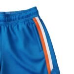 Close-up of blue athletic shorts with elastic waistband and vertical orange stripe panel with white edging