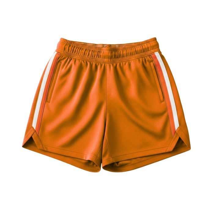 Orange and green athletic shorts with elastic waistband, side stripe panels, and side pockets