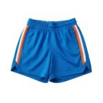 Bright blue athletic shorts with elastic waistband, orange and white side stripes, and side pockets