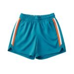 Teal athletic shorts with orange and white side stripe panels, elastic waistband, and side pockets