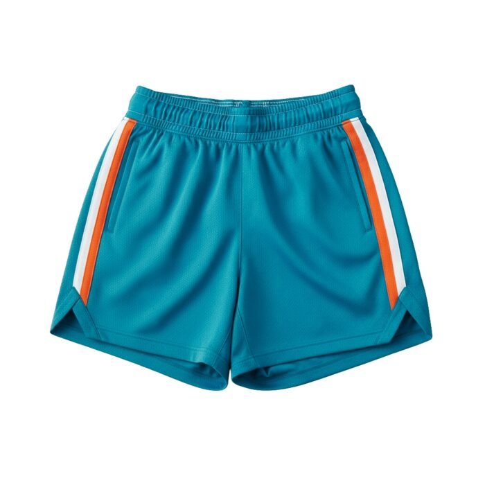 Teal athletic shorts with orange and white side stripe panels, elastic waistband, and side pockets