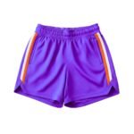 Purple athletic shorts with elastic waistband, orange and white side stripe panels, and side pockets on white background