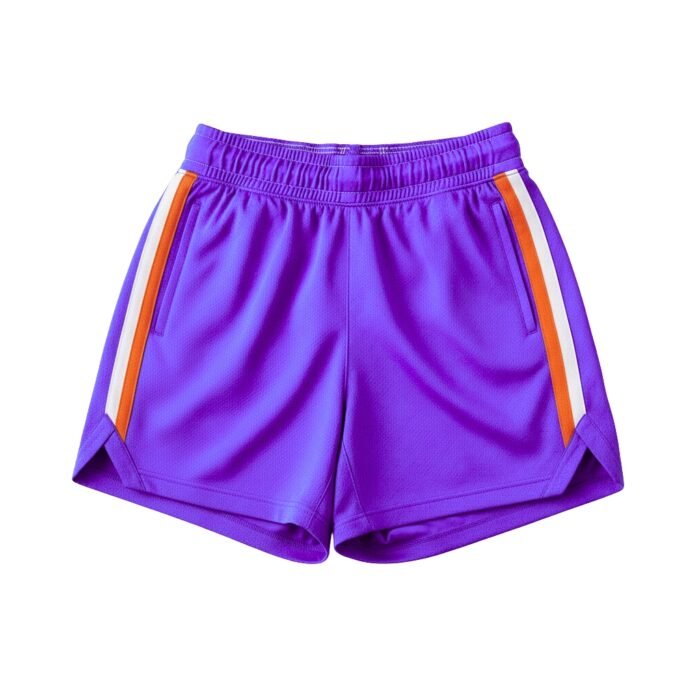 Purple athletic shorts with elastic waistband, orange and white side stripe panels, and side pockets on white background