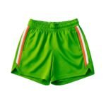 Green athletic shorts with elastic waistband, orange and white side stripe panels, and side pockets on white background