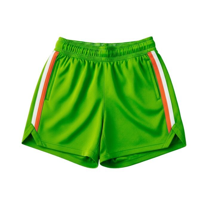 Green athletic shorts with elastic waistband, orange and white side stripe panels, and side pockets on white background