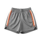: Gray athletic shorts with elastic waistband, orange side stripe panels, and side pockets on a white background