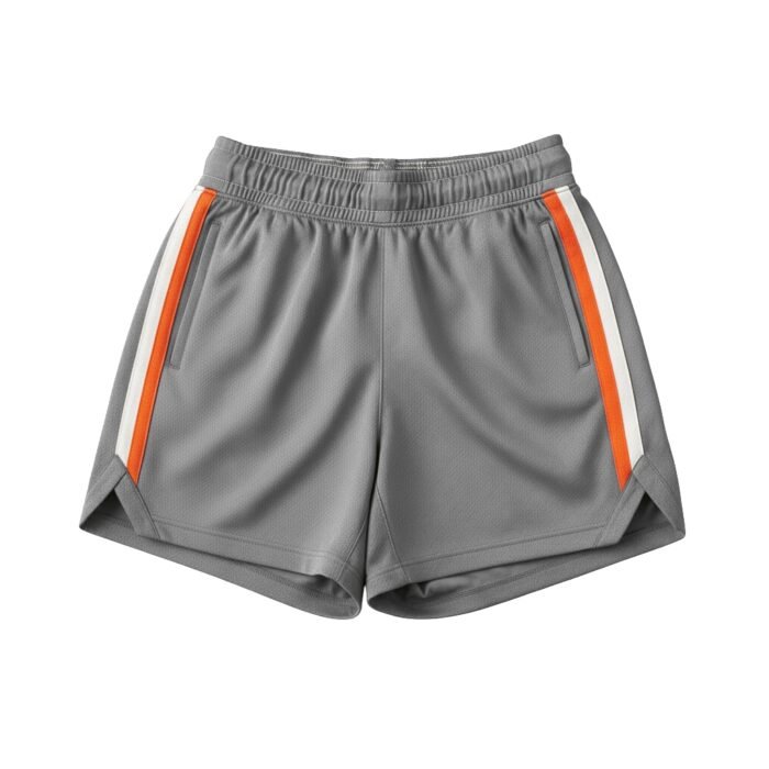 : Gray athletic shorts with elastic waistband, orange side stripe panels, and side pockets on a white background