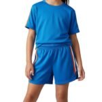 Blue athletic T-shirt and matching shorts set with elastic waistband and red-white-blue side stripe