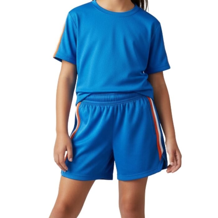 Blue athletic T-shirt and matching shorts set with elastic waistband and red-white-blue side stripe