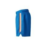 Blue athletic shorts with elastic waistband and vertical orange-and-white stripe panel