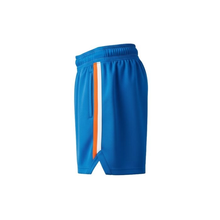 Blue athletic shorts with elastic waistband and vertical orange-and-white stripe panel