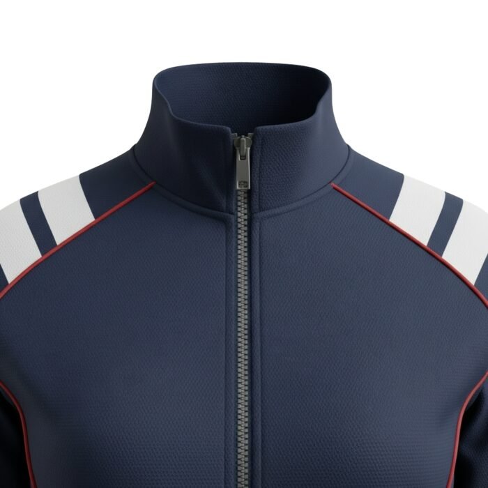 Silver metal front zipper centered on a navy textured performance fabric jacket, with clean stitching and subtle fabric tension; ribbed navy collar visible above.