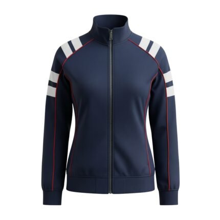 Navy blue women's rugby track jacket with white shoulder stripes and red trim, zipped up with ribbed collar, cuffs, and hem