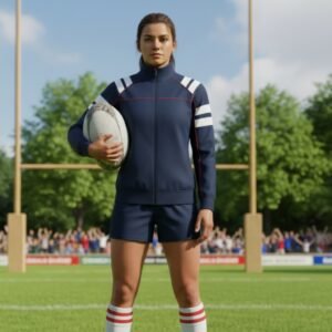 A young woman stands on a rugby field holding a rugby ball, wearing a navy blue tracksuit jacket with white stripes on both sleeves (shoulders and upper arms), red piping along shoulder seams and outer sleeve seams, ribbed stand-up collar, ribbed cuffs, and ribbed hem