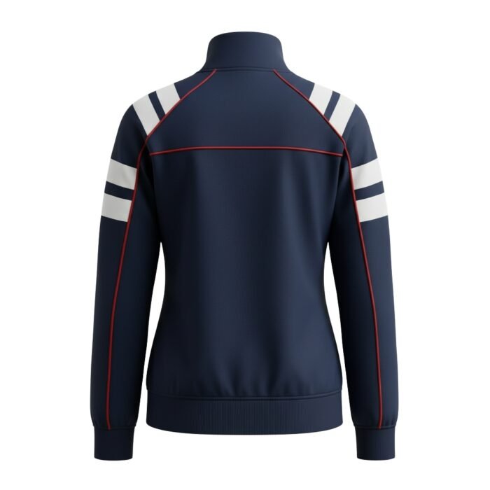 Back view of a fitted navy rugby track jacket: stand-up ribbed collar, white horizontal sleeve stripes, red piping extending from shoulders down outer sleeves, ribbed hem and cuffs