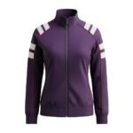 Deep purple women’s track jacket with high ribbed collar, ribbed cuffs and waistband, full-length dark gray zipper, and three horizontal white stripes with thin red borders on each shoulder and upper arm; red piping runs vertically along both side seams.